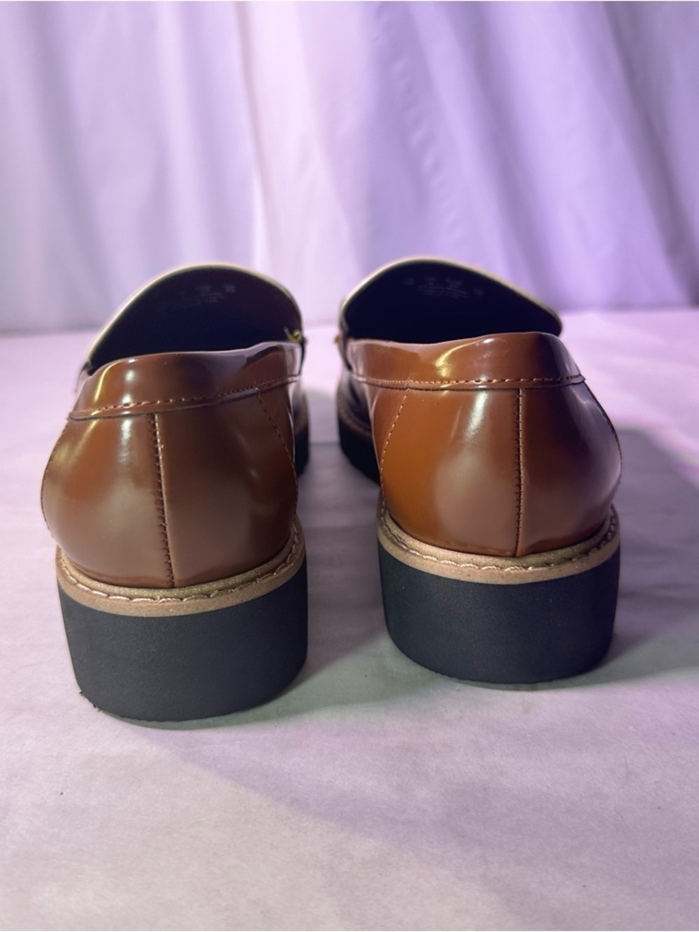 Franco Sarto Brown and Cream Leather Two-Tone Loafer with Gold Chain - Picture 7 of 9